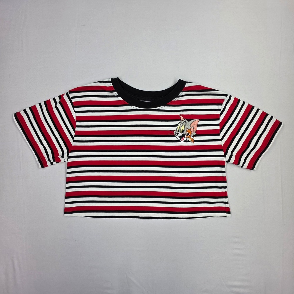 Tom and Jerry Striped Crop Top Red White Black Graphic Tee Small